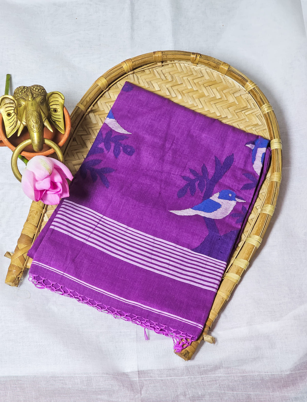 Handwoven Purple Tangail Pure Cotton Saree with Intricate Jamdani Weaving