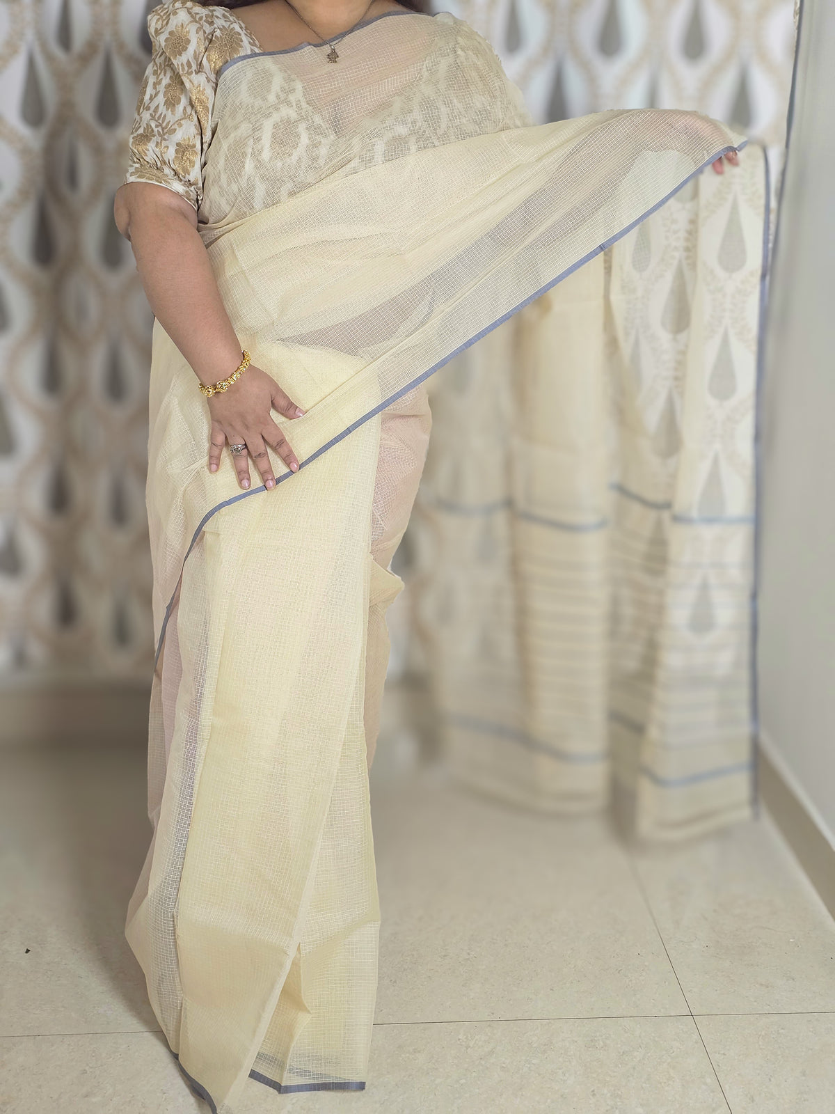 Handwoven Kota Doria Sari with Grey Border in Pure Cotton