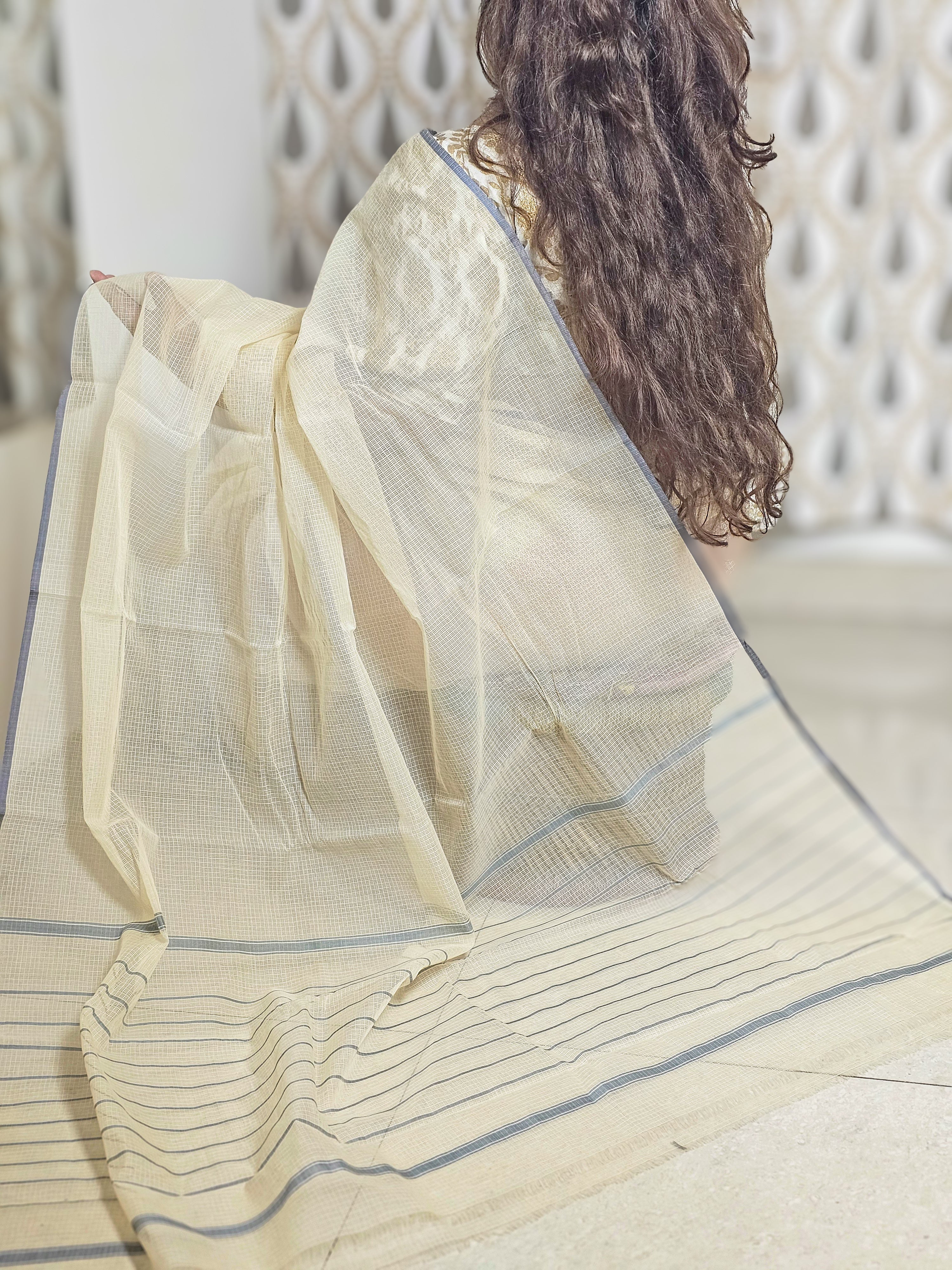 Handwoven Kota Doria Sari with Grey Border in Pure Cotton