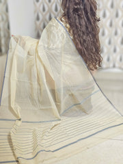 Handwoven Kota Doria Sari with Grey Border in Pure Cotton