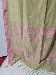 Elegant Bengal Cotton Saree – Green with Pink Design | Handwoven Beauty