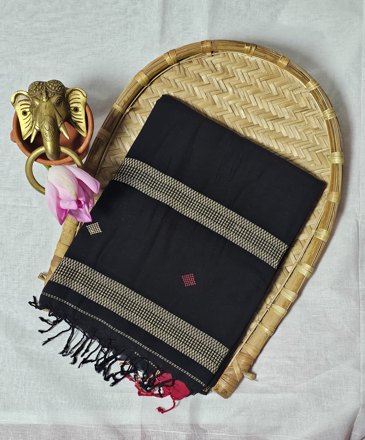 Handwoven Black Tangail Pure Cotton Saree – Elegant & Lightweight