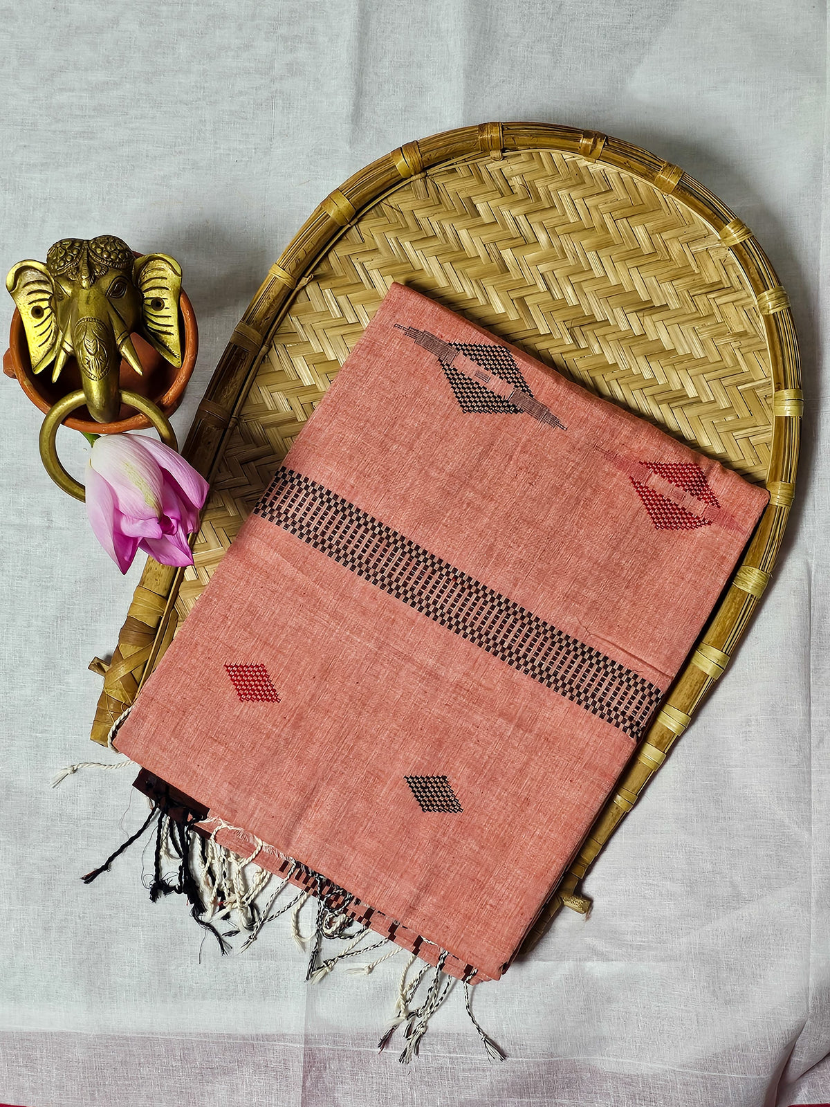 Handwoven Soft Peach-Pink Tangail Pure Cotton Saree – Lightweight & Elegant