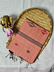 Handwoven Soft Peach-Pink Tangail Pure Cotton Saree – Lightweight & Elegant