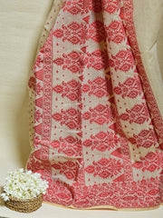 Elegant Dhakai Jamdani Saree – White & Red Leaf Pattern | Handwoven Beauty