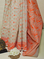 Exquisite Dhakai Jamdani Sarees in White, Off-White & Orange – Handwoven Elegance