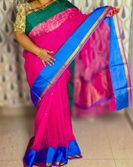 Handwoven Pink Kota Doria Silk Sari with Intricate Zari Work
