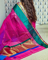 Handwoven Pink Kota Doria Silk Sari with Intricate Zari Work